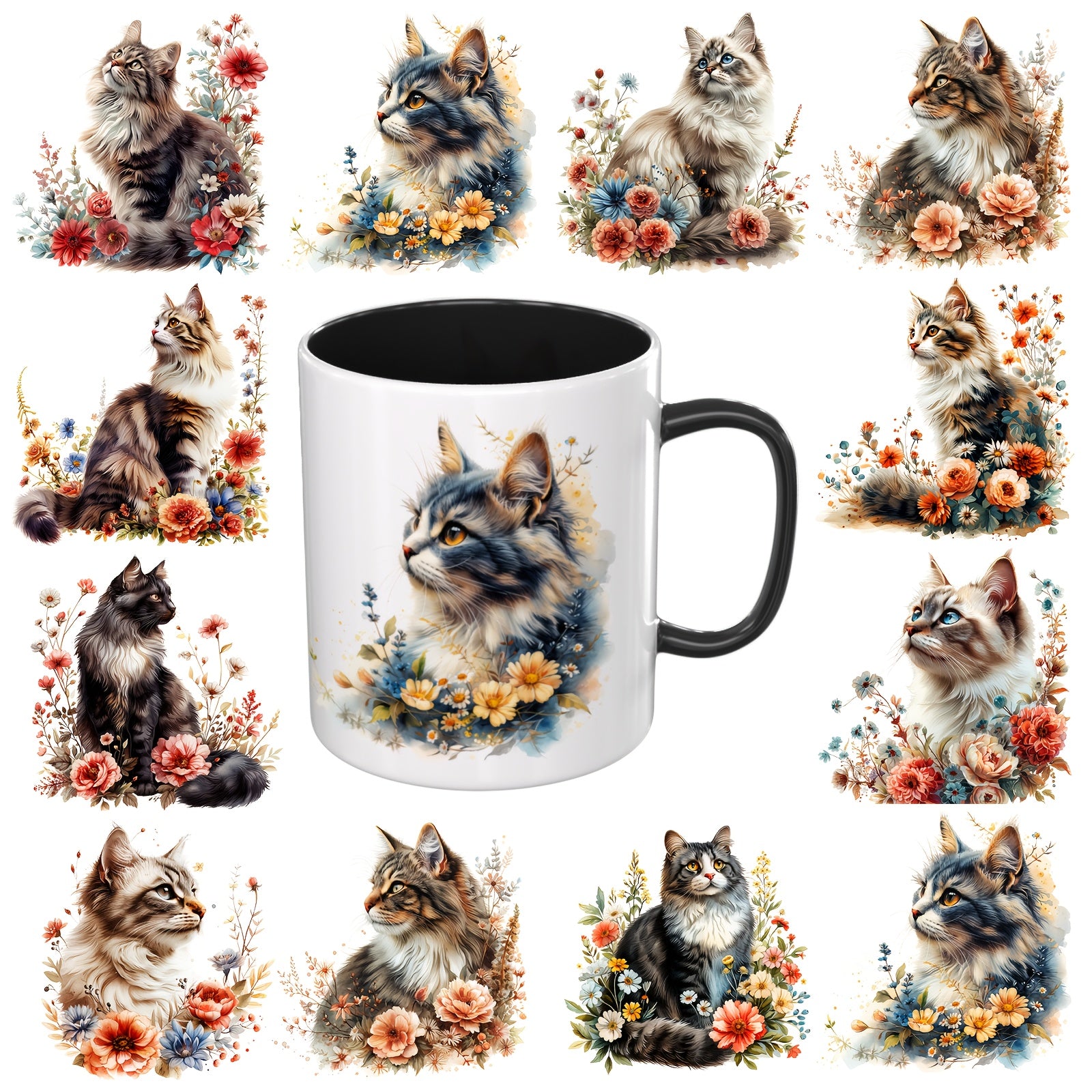 TEMU Dorsbaby 12pcs Set Floral Cat Theme Uv Dtf Transfer Decals For Mugs, Coffee Cups, Diy Creative Gifts - Decorative Appliques For Laptops, Water