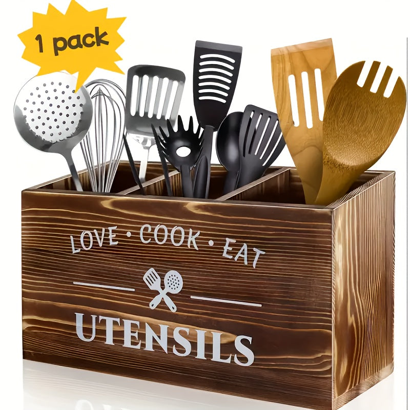 TEMU Rustic Farmhouse Style Wooden 3-compartment Utensil Jar, Kitchen Storage . Suitable For Countertop And Wall Mounting, Perfectly Fits Cooking,