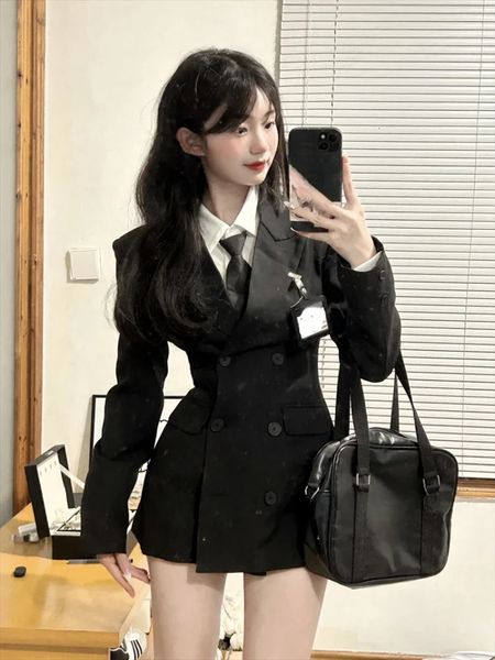 2023 Winter Preppy Style Fashion Blazers Coat Suit Black Korean Slim Jackers Casual Shirts French Elegant Sets Woman 231228