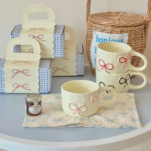 Creative Ins Korean style blue and white bow niche milk ceramic cup gift breakfast coffee beverage Utensils 240903