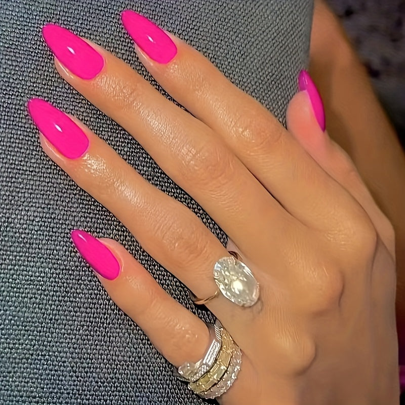 TEMU 24pcs Hot Pink Almond-shaped Press-on Nails - Medium Length Glossy Acrylic Fake Nails For Women, Natural Gel Nail Extensions For , Easy