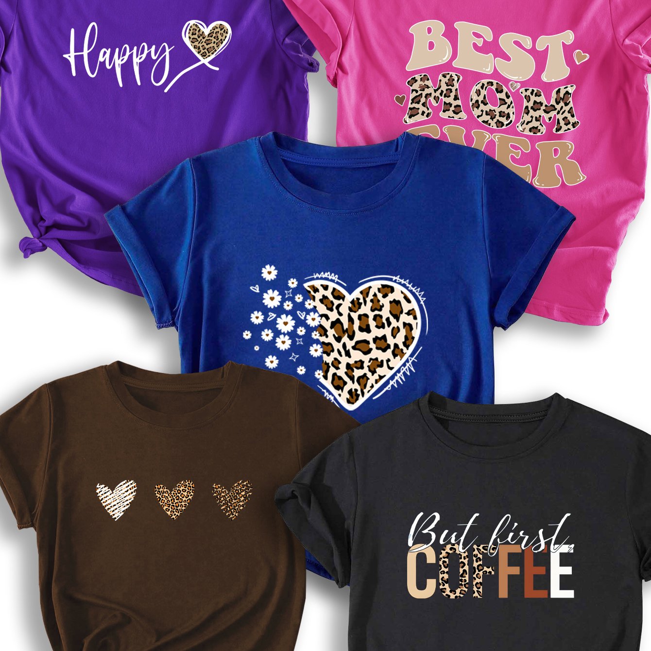 TEMU 5-pack Women's Casual Round Neck Short Sleeve T-shirts, Polyester Knit, Leopard Print & Heart Pattern, Stretchy Fabric, Fashionable Sports Tops
