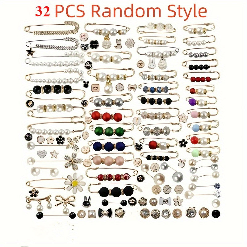 TEMU 32pcs Elegant Alloy Brooch Set With Artificial Pearl And Ribbon Accents - Women's Clothing, Skirts, Pants, And Scarves - Ideal For Everyday Use