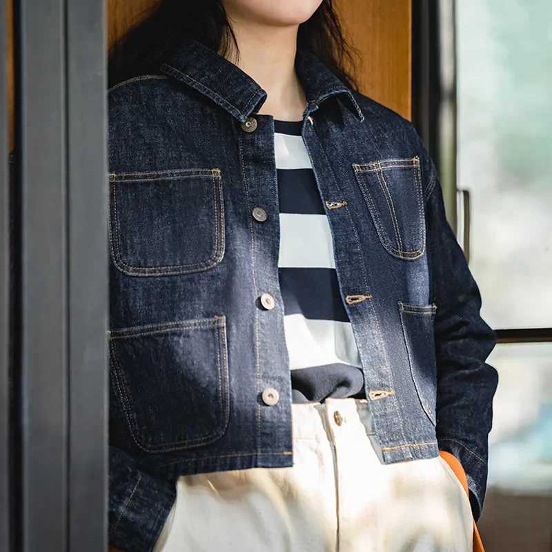Maden Womens Short Jeans Jacket 14 oz Vintage Denim Coats Lapel Collar Loose Female Jackets Jeans Blue Streetwear 2022 NewX240920