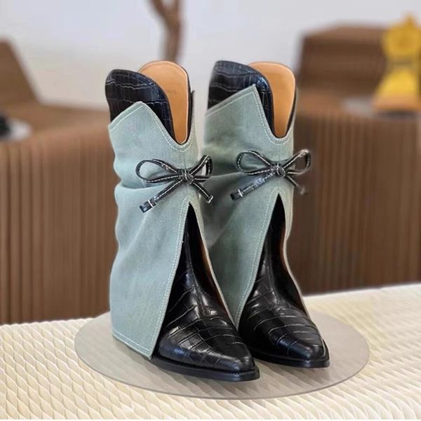 2024 Autumn-Winter New Pointed Bowknot Western Cowboy European American Women&#039;s Slipsole Mid-calf Skirt Boots