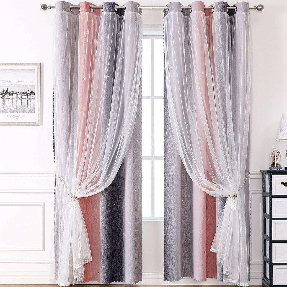 YL-36514 Morandi double curtain rainbow gradient stripe finished cloth yarn integrated blackout curtain