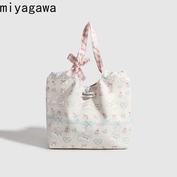 Miyagawa Cute Cartoon Canvas Bag Handheld Fashionable Floral Heart Top-handle Bags for Women 240829