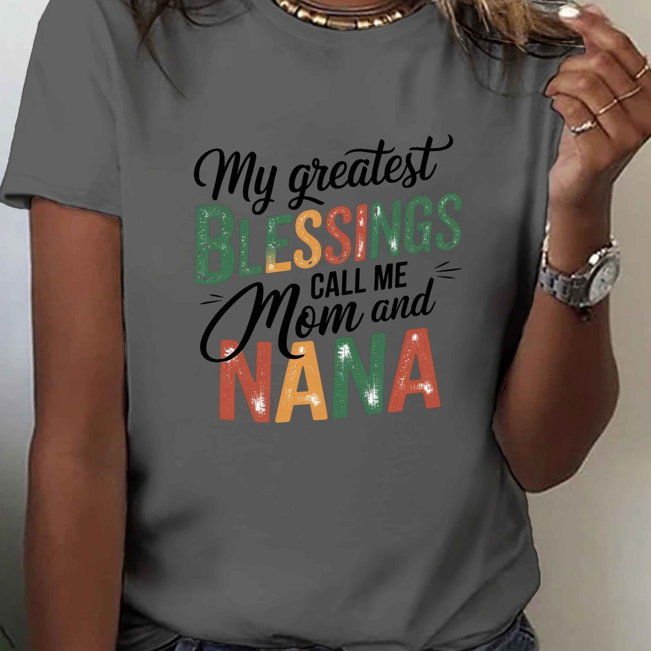 TEMU Women's Casual Crew Neck T-shirt With "my Mom And " Print, Geometric-pattern Knit Polyester Top, Regular Length, , 95% Polyester 5% Spandex,