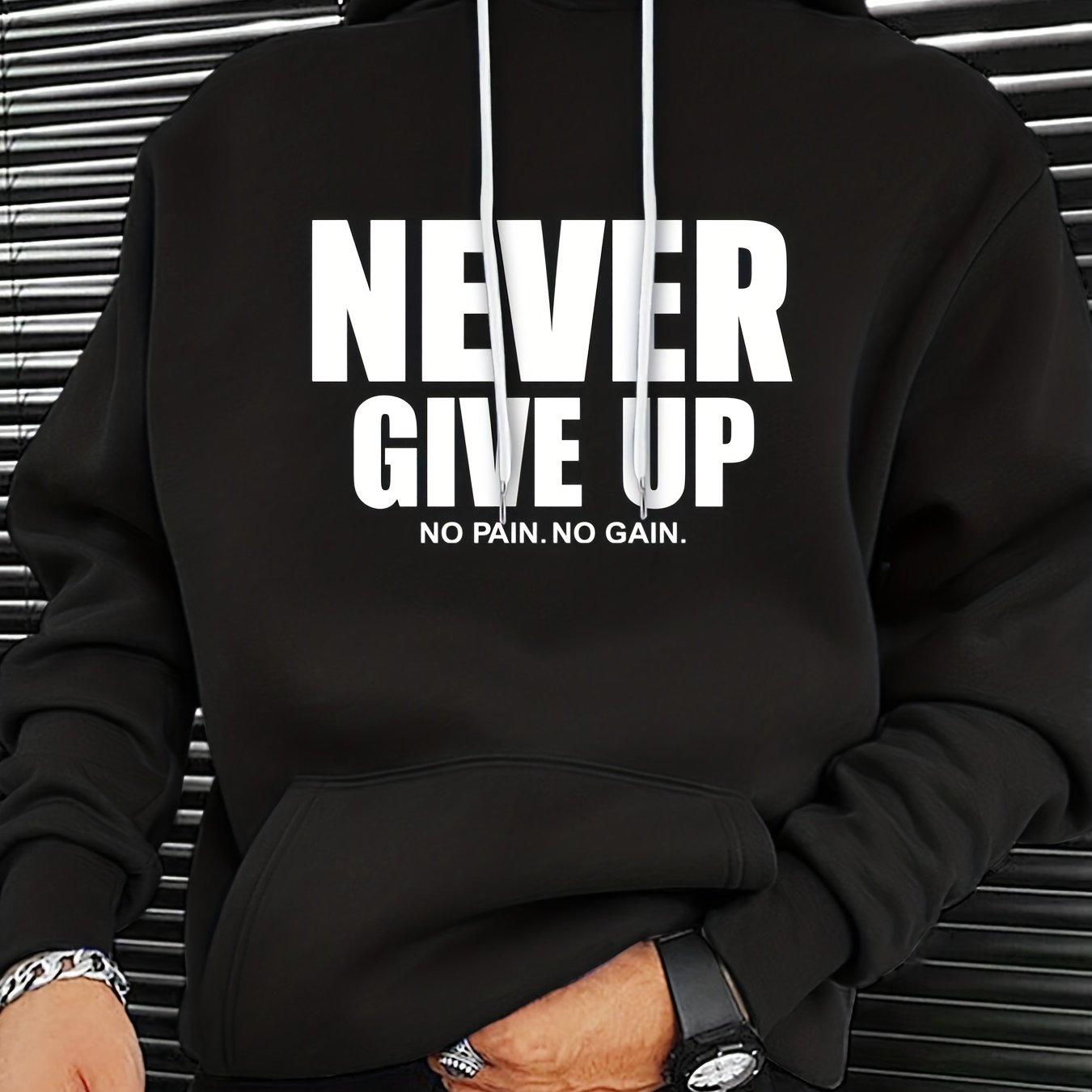 TEMU Men's Hoodie - Never Give Up Motivational Sweatshirt, Green Hooded Pullover For Gym, Casual Attire - Fall-winter Clothing With Front Pocket -
