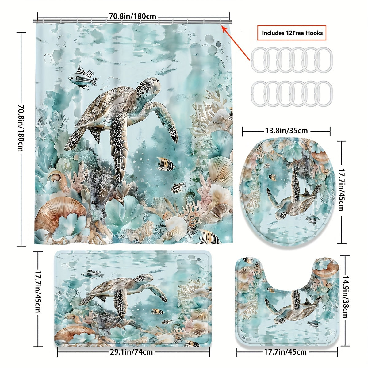 TEMU 4pcs Bathroom Sea Turtle Shower Curtain Blue Green Ocean Beach Coast Decorative Shower Curtain Gift Modern Home Bathroom Decorative Curtain And