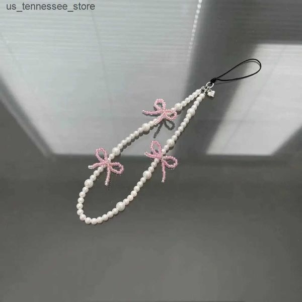 Cell Phone Straps Charms Korea Cute Pink Bowknot Pearl Pendant Beaded Phone Charm For iPhone Accessrioes Lanyard Woman Girl Jewelry Hanging