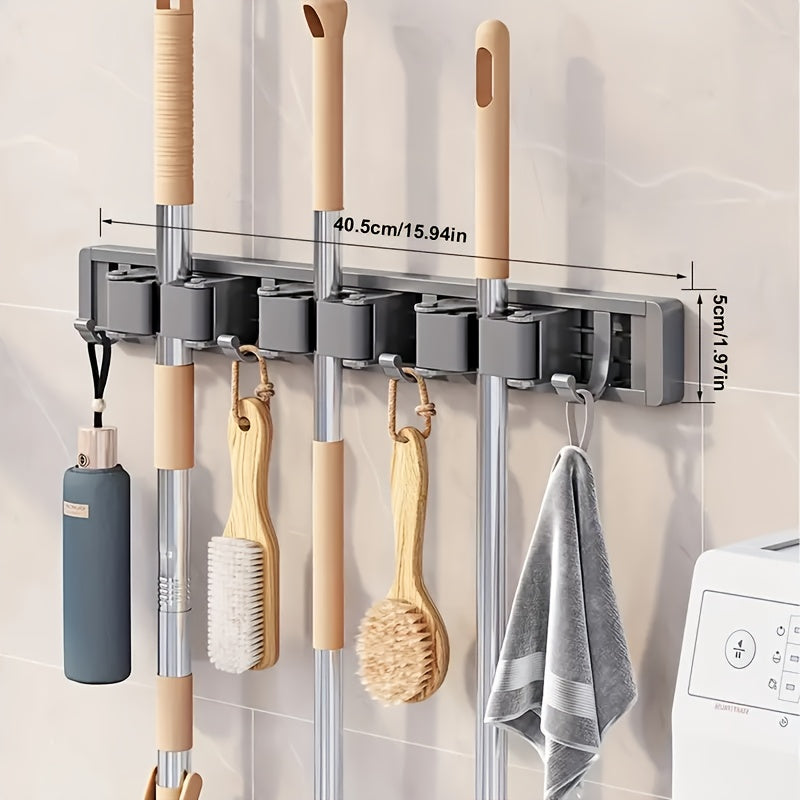 TEMU Heavy Duty Metal Mop & Broom Holder With Adjustable Hooks & Space-saving Shelf - Wall-mounted Storage Organizer With Black Lacquered Finish,