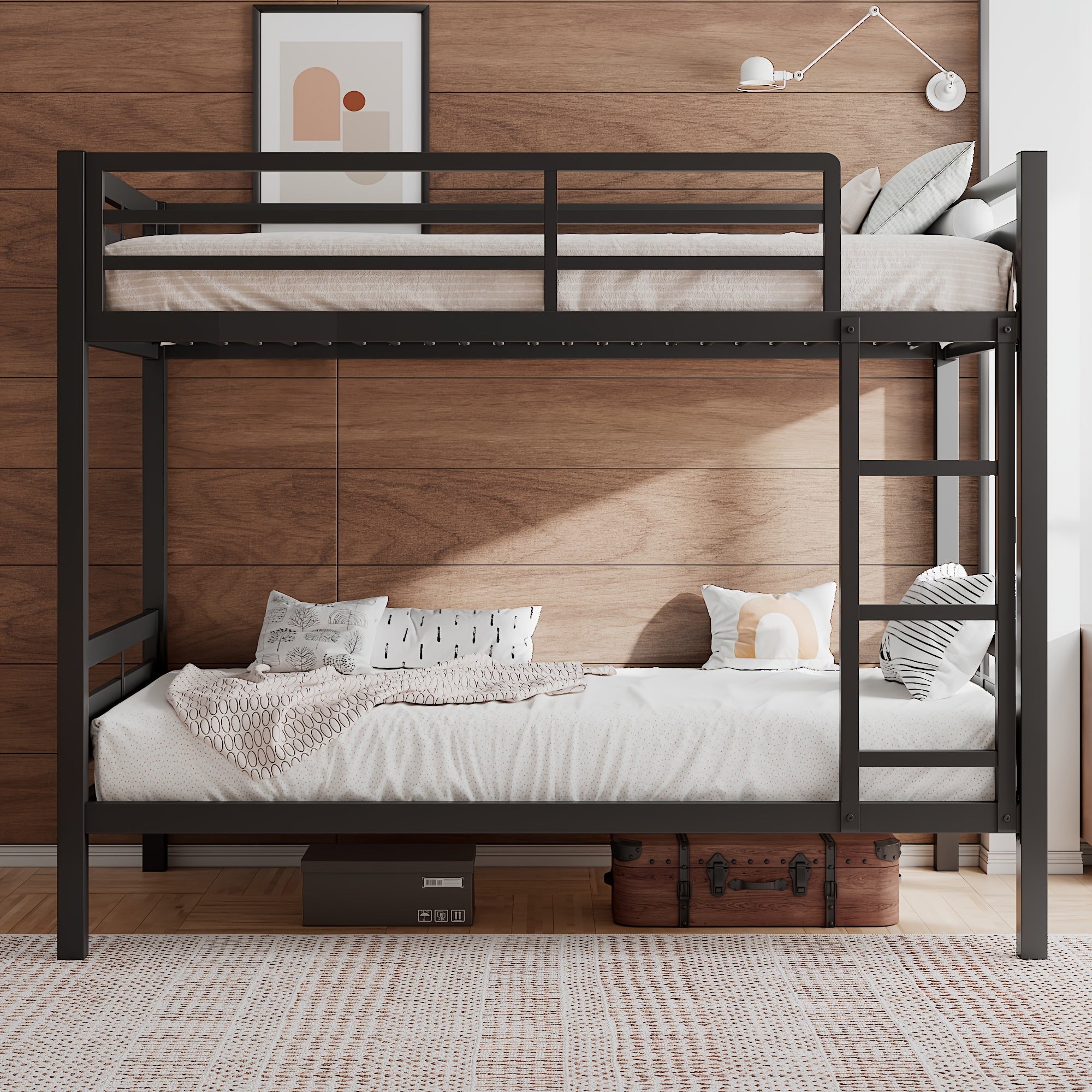 TEMU Heavy Duty Metal Bed With Ladder And Full-length , Under-bed Storage Space, Bunk Bed Twin Over Twin, Black-rustic Brown Options
