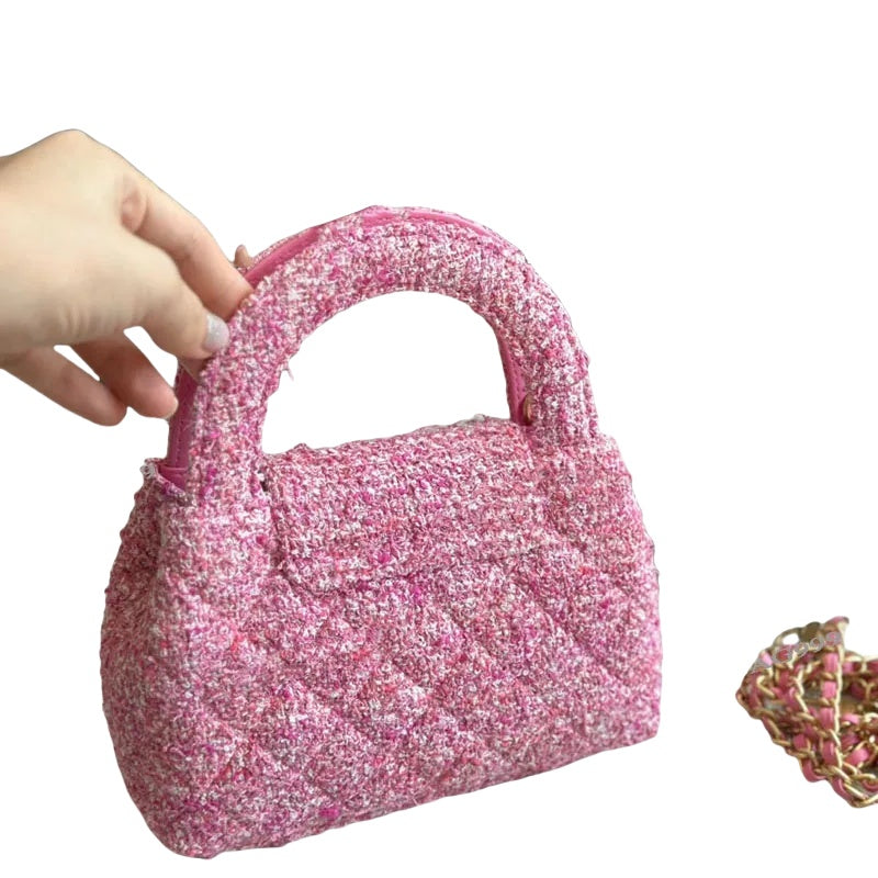Pink Knitting Tweed Ladies Designer Mini Shopping Bag Handbag Gold Hardware Removable Matelasse Chain Woven Tote Shoulder Cross Body Bags Luxury Wal