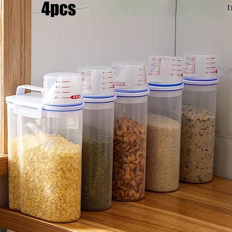 TEMU 4pcs 5lb Airtight Food Storage Containers With Measuring Cup & Lids - Bpa-free Plastic Grain Dispenser Bins For Rice, Cereal, Flour, Pet Food -