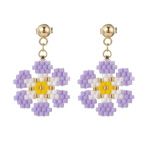 Boucles d'oreilles pendantes tige fleur tressée graine de verre