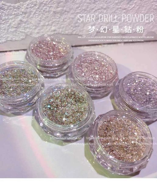 6-color gold nail crystal diamond powder rainbow colored glitter pigment holographic glass miniature diamond nail art decoration W240815