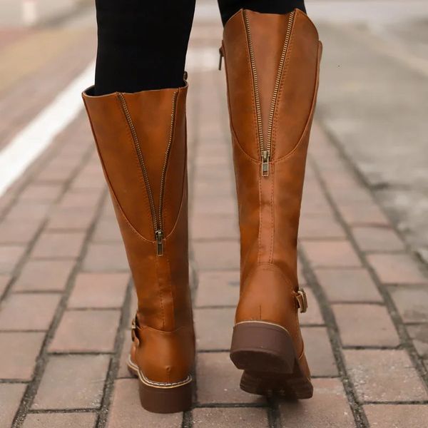 Knee High Fashion Low Heels Square Platform Long Boots Brown Black Leather Zip Winter Women Warm Shoes Booties 69M