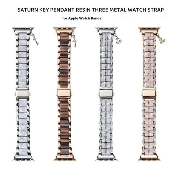 Luxury Resin Metal Straps For Apple Watch S10 46MM 42mm 49mm 44mm 40 38mm 41mm 45mm Woman Bracelet With Pendant For iwatch Series 10 9 8 7 6