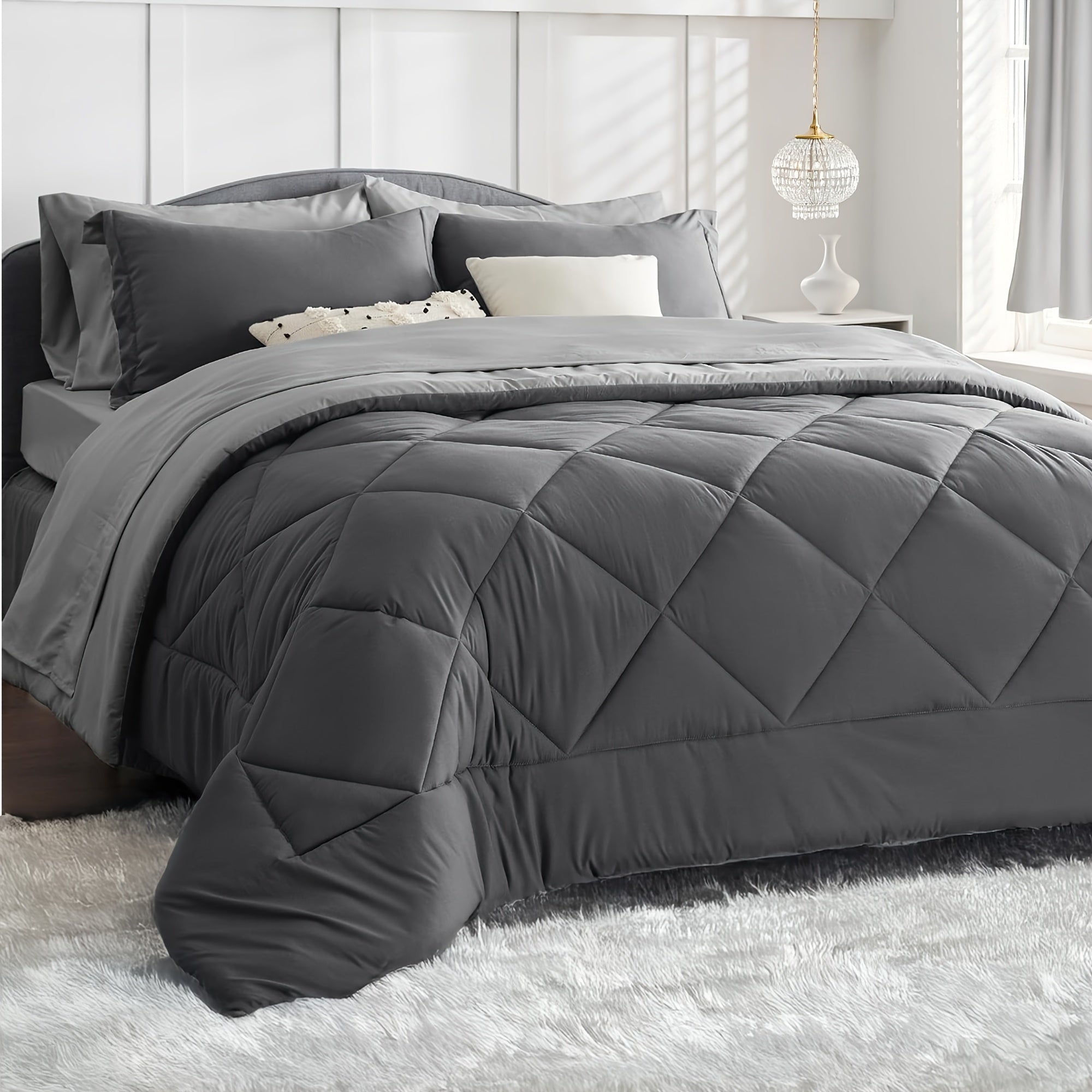 TEMU 7pcs Comforter Set In A Bag, Fluffy, Breathable And Hypoallergenic, Suitable For All , Including 1 Comforter, 1or2 Pillowcases, 1or2 Pillow