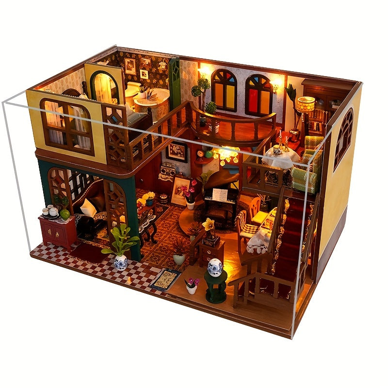 TEMU Handmade Double-layer Dollhouse Model Kit With Dust Cover - Multi-room Miniature House With Stairs, Interchangeable Furniture Compatible (no