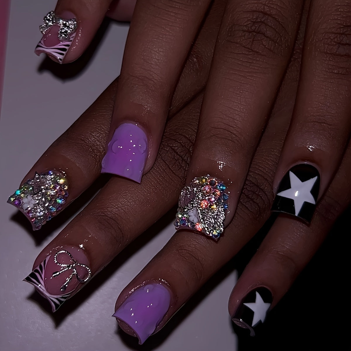TEMU 24pcs Y2k Press-on Nails Set, Medium Length Duck Mouth Shape With Mixed Purple Palette, Zebra Stripe & Star Patterns, Accents, Glossy Finish,