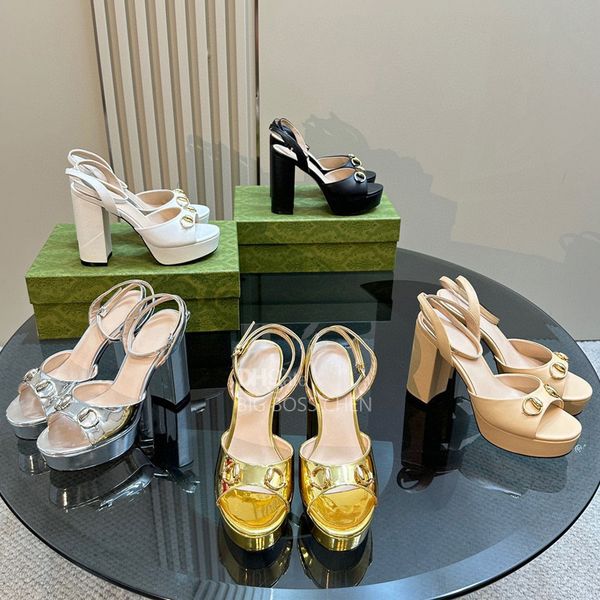 Top quality Metal buckle Platform heel sandal ankle strap Chunky heels Dress shoes Real leather Luxury designer High heeled Evening shoes pa