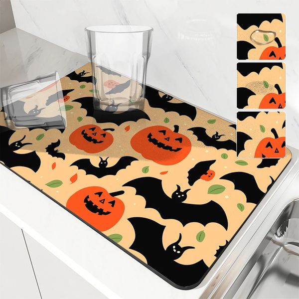 Coffee Mat Halloween Pumpkin Absorbent Draining Dish Drying Mat Dry Bathroom Tableware Hide Stain Rubber Backed Absorbent Mat 240913
