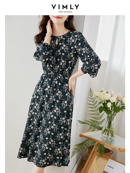 Casual Dresses Vimly Vintage Floral Dress for Women Elegant French Style Spring Autumn Slim Elastic Waist Swing Dresses Clothing V7909 23032