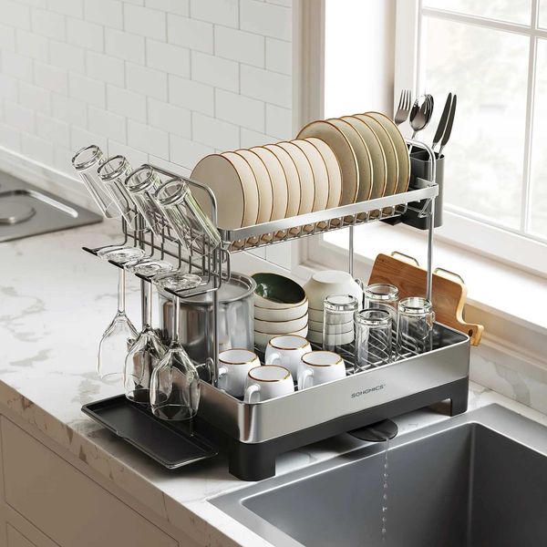 Utensil Racks 1pc Dish Drying Rack 2 Tiers Dish Rack With Rotatable And Extendable Drain Spout Large Capacity Dish Drainer With Utensil Cup
