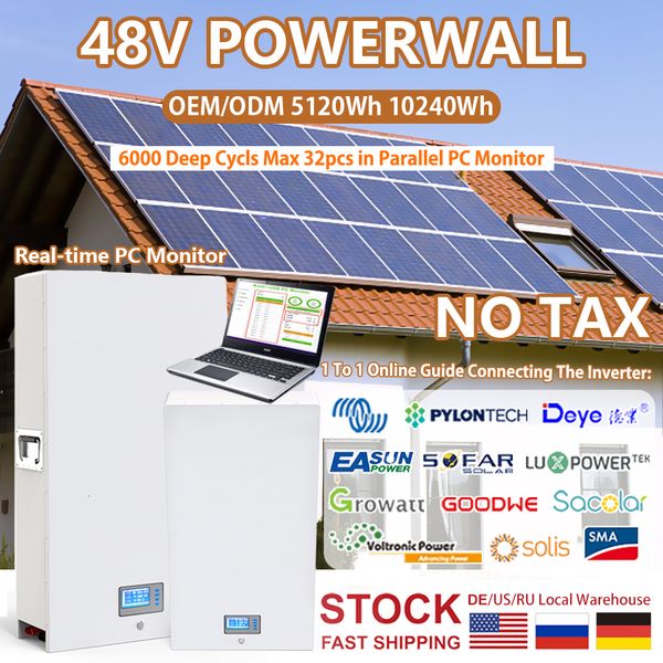 48V 200Ah 10Kw Powerwall Built-in 16S 200A BMS RS485 CAN 6000 Cycles PC Monitor 32 Parallel 10240Wh LiFePO4 Battery Pack NO TAX