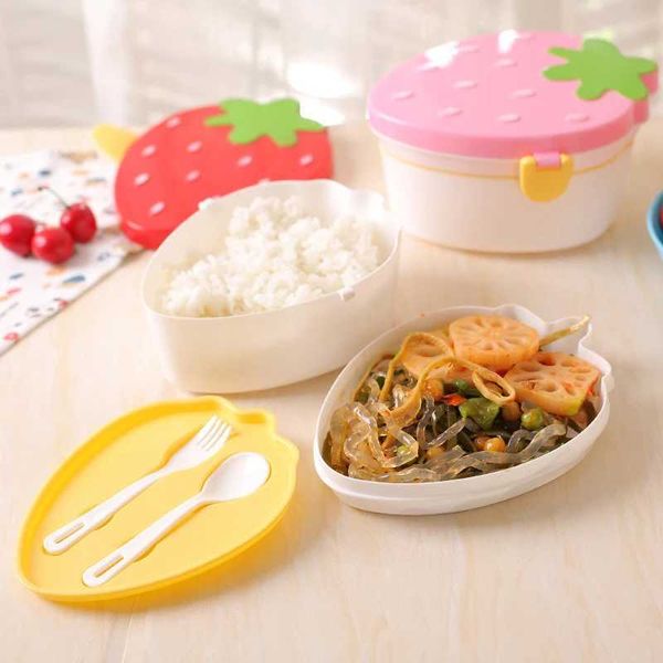 2 Layer Bowl Strawberry Shape Lunch Box 500ml Double Storage Bento Boxs Food Fruit Cute Microwave Tableware Bowl for Kids SchoolM240807