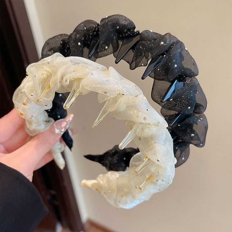 Gypsophila Beaded Bubble Wave Polka Dot Braided Organza High Crown Headband Face Washing Hair Clip Accessory