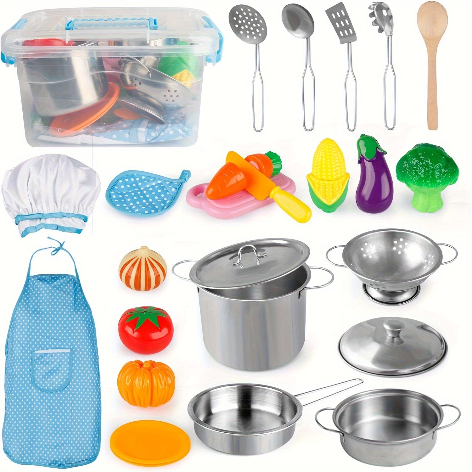 TEMU D-fantix Play Kitchen Accessories, Kids Play Pots And Pans Playset With Mini Stainless Steel Pretend Play Cooking Toys, Cookware Utensils, Apron