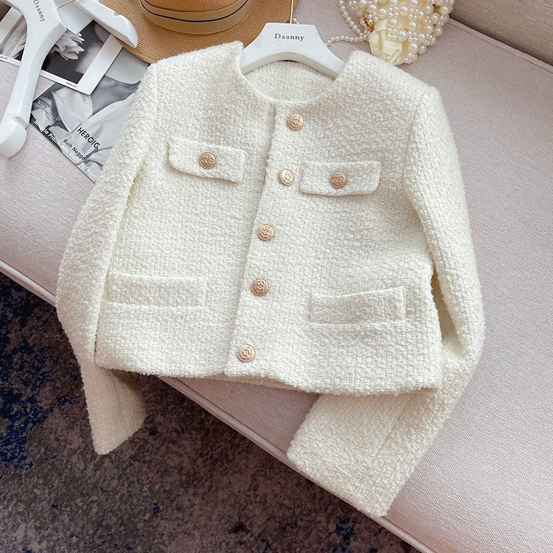 Women&#039;s Jackets Chic Tweed Coat Female Elegant O Neck Cropped Jacket Women Spring Fall Luxruy Korean Fashion pocket white Outwear Clothing 2309