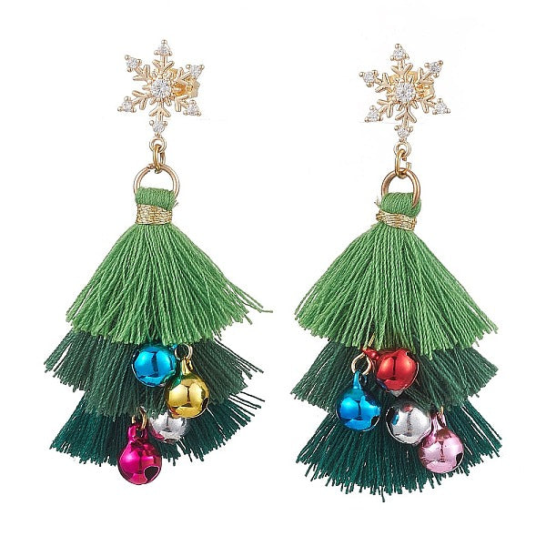 Boucle d'oreille pendante en polycoton avec pompons en forme d'arbre de Noël et cloche