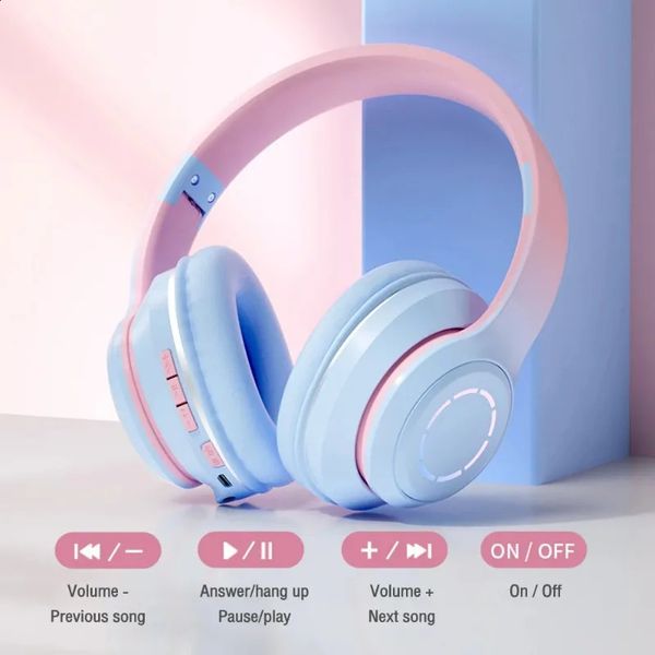 Gradient wireless Bluetooth earphones with LED colored lights and microphone for music suitable for childrens cute gift games and sports ear