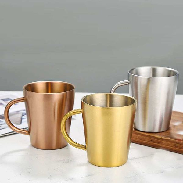 Korean style 304 Stainless steel double-layer cups with handle beer steins insulated household coffee mug restaurant CupM240803