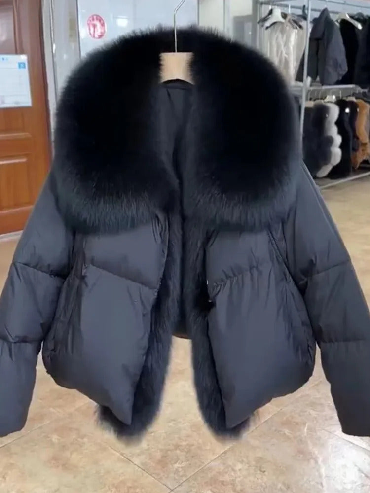 Casual Cotton-Padded Coat Spliced Big Fur Lapel Women Winter Flully Keep Warm Thick Parkas Outerwears New 16O3133