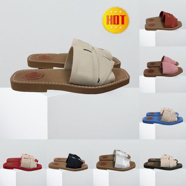 Designer Woody Sandals For Womens Ladies Fabric Canvas Mules Low Heels Fashion Luxury Ladies Summer Casual Shoes Slippers Wood heels Slide l