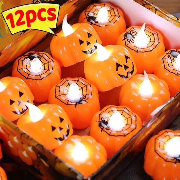 12-1x Mini LED Electronic Candle Lights Halloween Pumpkin Spider Web Lantern Flameless Flickering Candles Light Lamps Home Decor Y240807