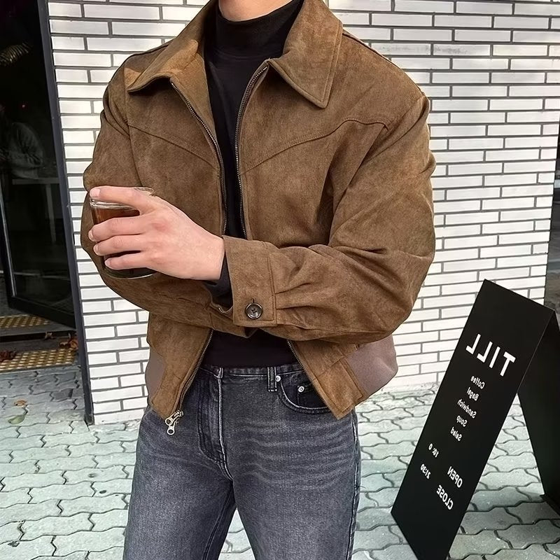 Men&#039;s Suede Jackets Autumn Retro Bomber Casual Jacket Fashion Vintage Short Flying Slim Jacket High Street Outerwear Coat Male