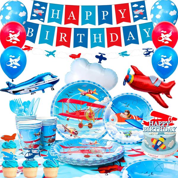 Airplane Birthday Party Decorations167pcs decorations Airplane Party Tableware set-Airplane Plates Napkins Cups TableCloth etc Y250118