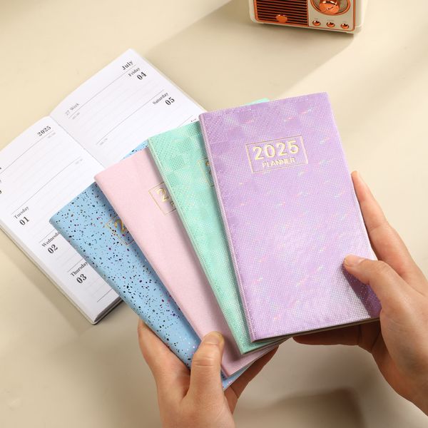 Cross-border laser 2025 a6 English calendar book colorful star color notebook leather thin weekly calendar plan book