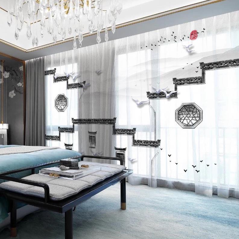YL-36670 whole house Chinese style curtain new Chinese style Jiangnan retro classical Hui style ancient building living room villa blackout window s