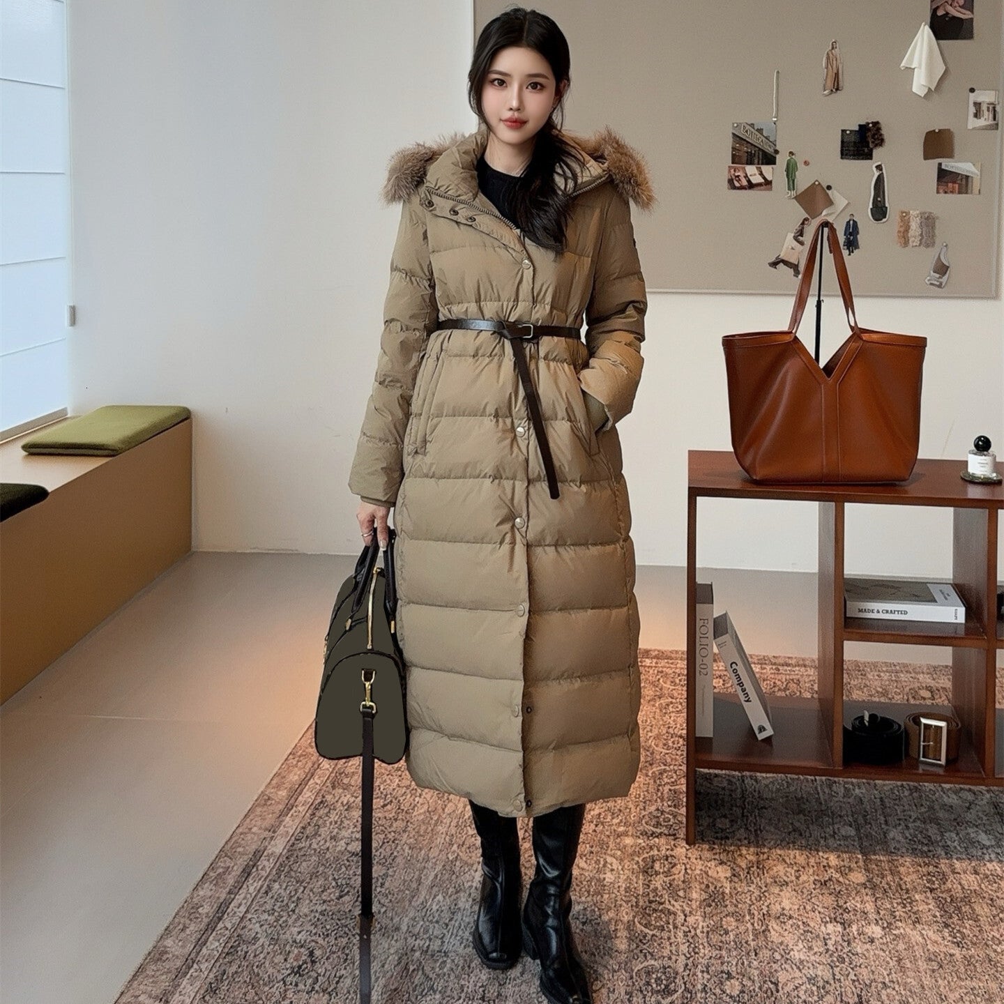 Womens Fashion Mid Long Down Jacket Lightweight Warm Slim Fit Luxury Down Coat Natural White Goose Filling High Quality Elegant Winter Outerwear Fas