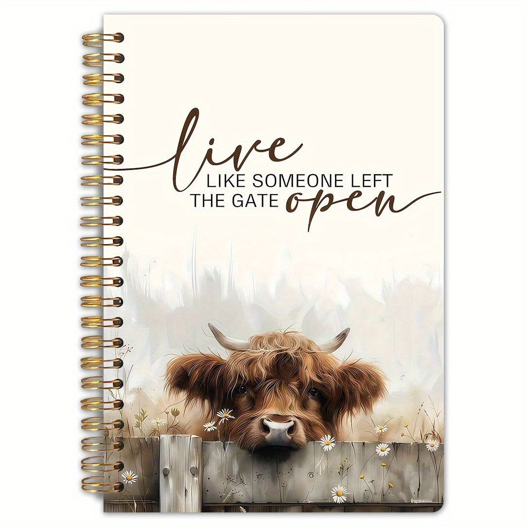 TEMU 1pc Highland Cow Journal - Farmhouse Notebook With "live Like Left Open" Quote, Spiral Bound Planner, Large Writing Pages (5.5x8.3in), Rustic