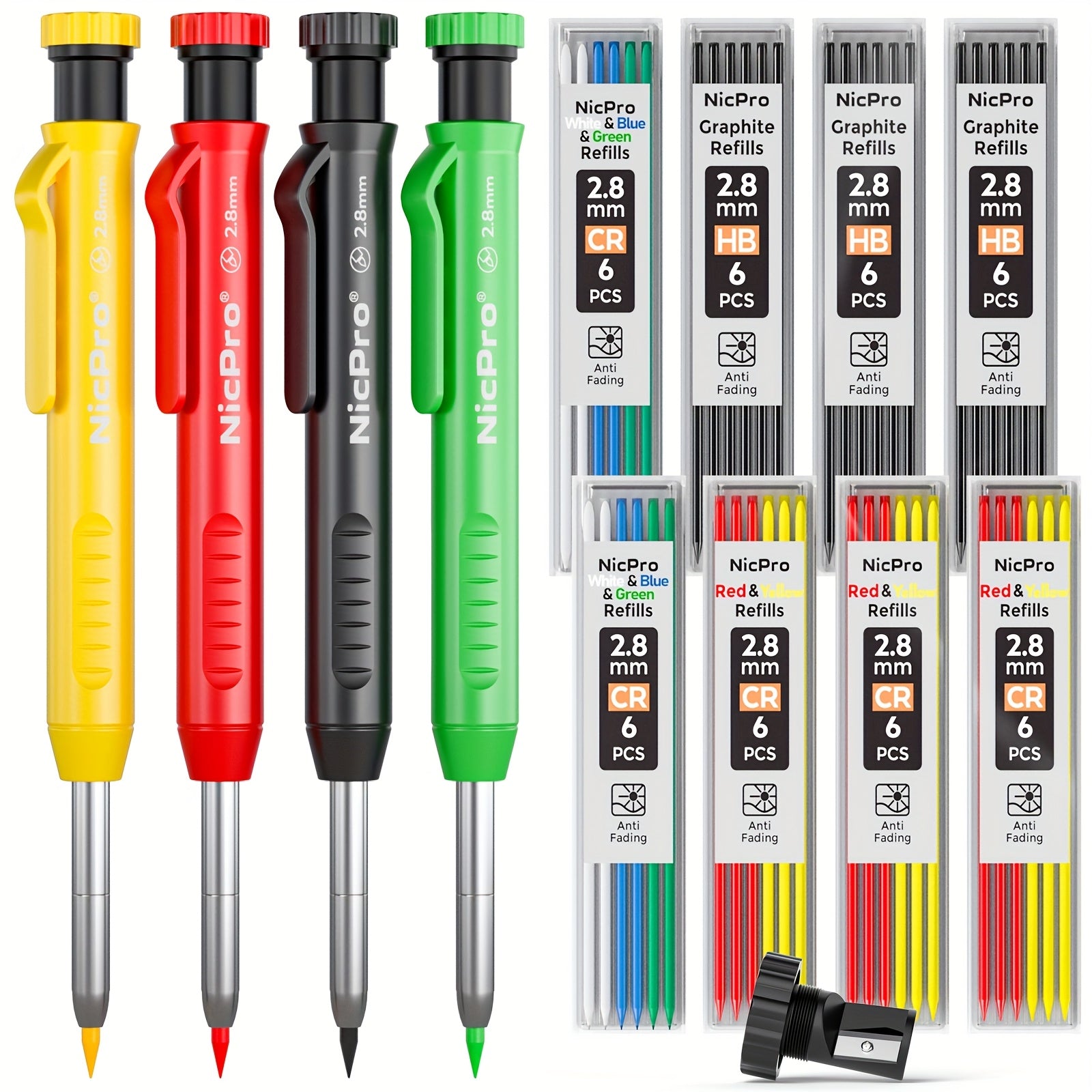 TEMU Carpenter Pencil With Sharpener, Mechanical Pencils Set With 26 Refills, Deep Hole Marker For Construction, Heavy Duty Woodworking Pencils For