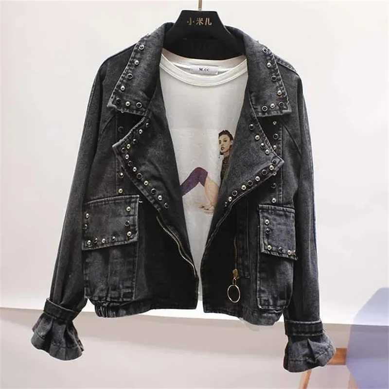 Spring Autumn New Women Korean Loose BF Student Hong Kong Wind Beaded Suit Collar Retro Denim Jacket Womens Jacket TideX240920