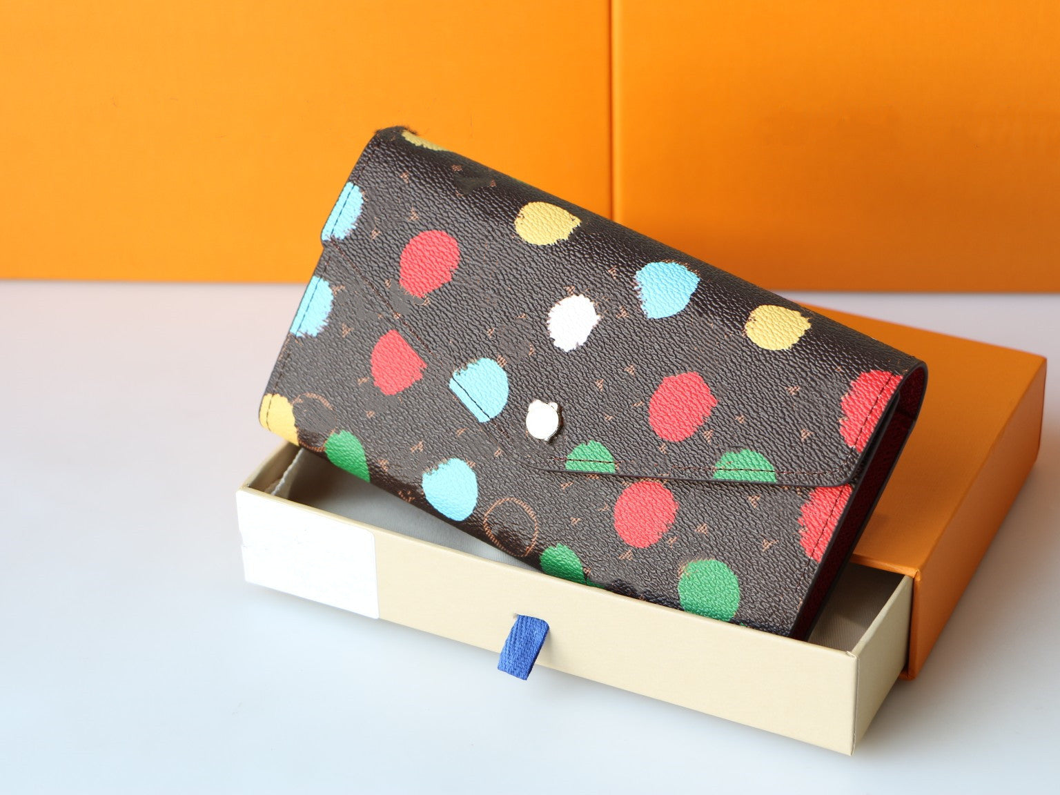 L 23SS X Yayoi Kusama Multicolor Dot Wallet Designer Coin Card Holders Purse High Quality SARAH KEY POUCH Leather Envelope Wallets Credit Card Holde